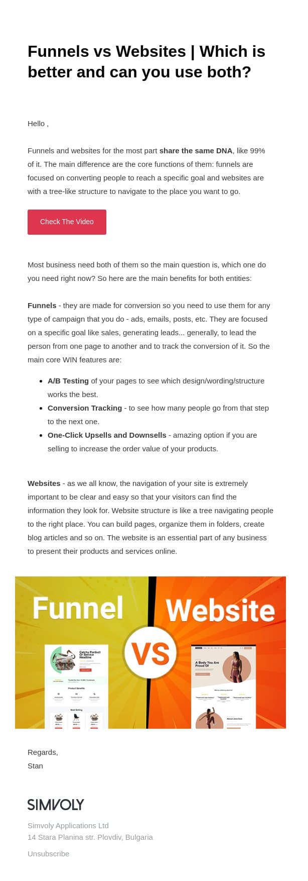 Funnels vs Websites | Why not use both? email from Simvoly screenshot