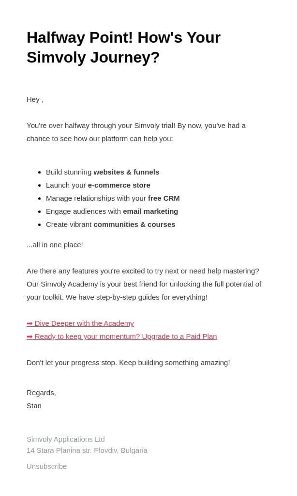 , You've Unlocked So Much! What's Next? email from Simvoly screenshot