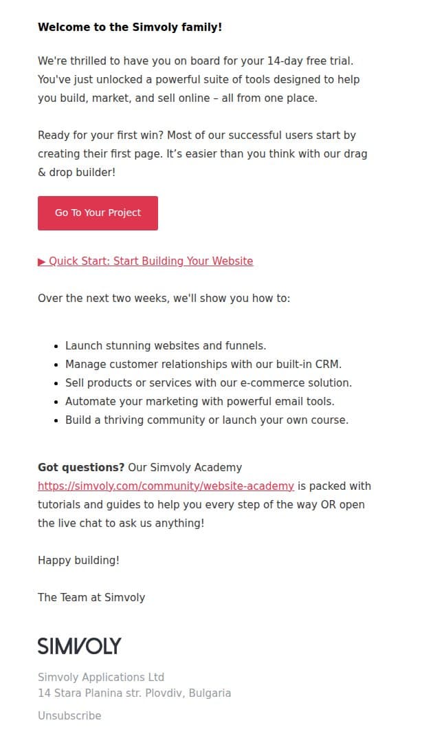 Welcome to Simvoly, ! Your All-in-One Growth Engine Awaits email from Simvoly screenshot