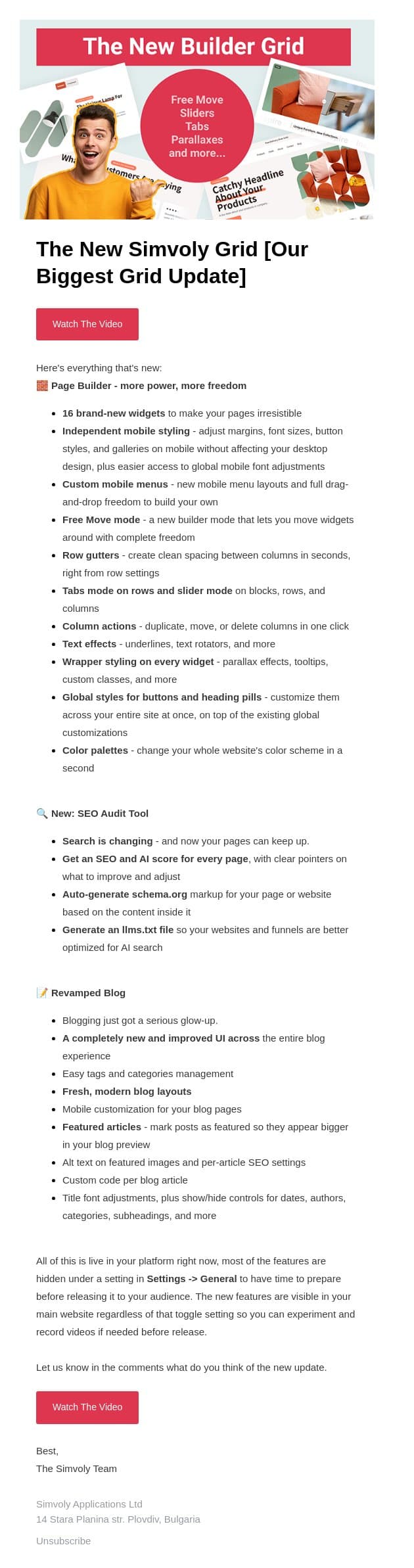 The New Builder Grid - Free Move, Sliders, Tabs and more email from Simvoly screenshot