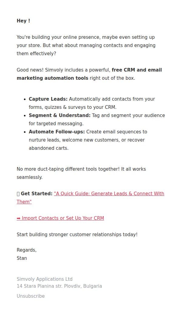 Connect & Convert: Generate Leads, Free CRM + Email Automation email from Simvoly screenshot