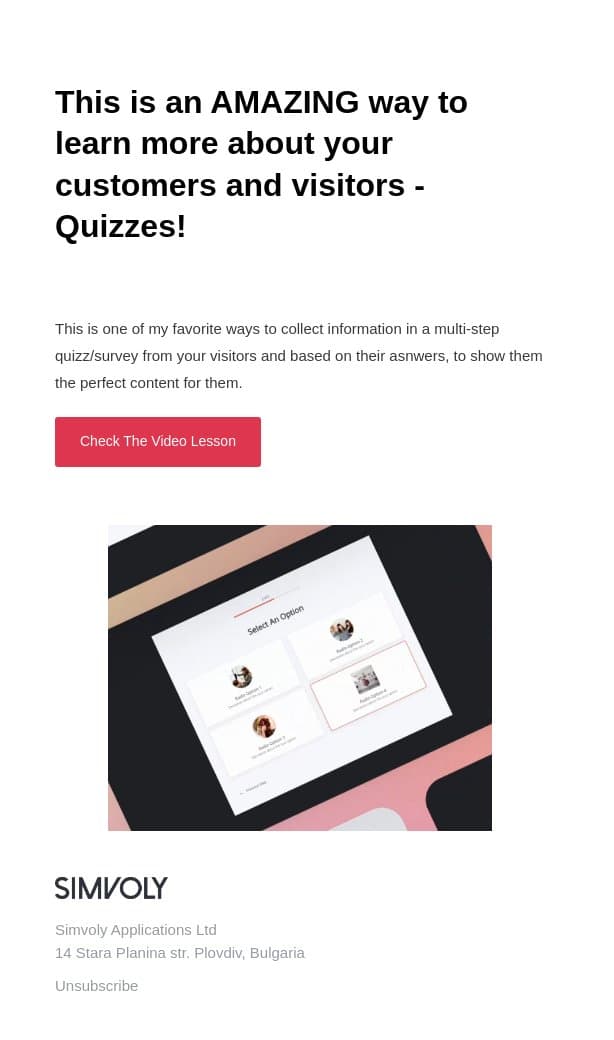 Have You Tried Quizzes & Surveys? Build One Now email from Simvoly screenshot