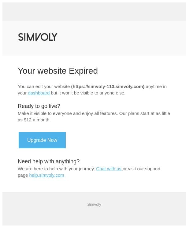 Your Website Expired! email from Simvoly screenshot