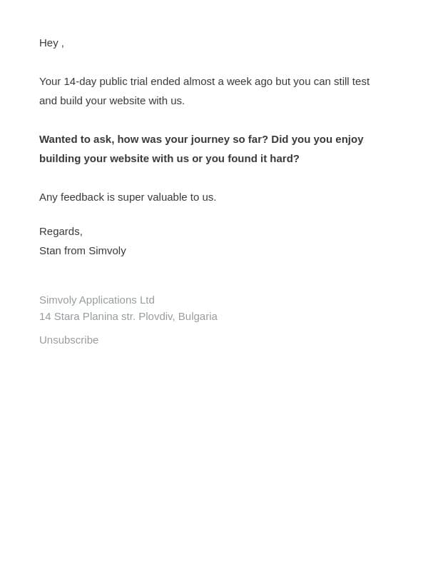 Still thinking about Simvoly, ? email from Simvoly screenshot
