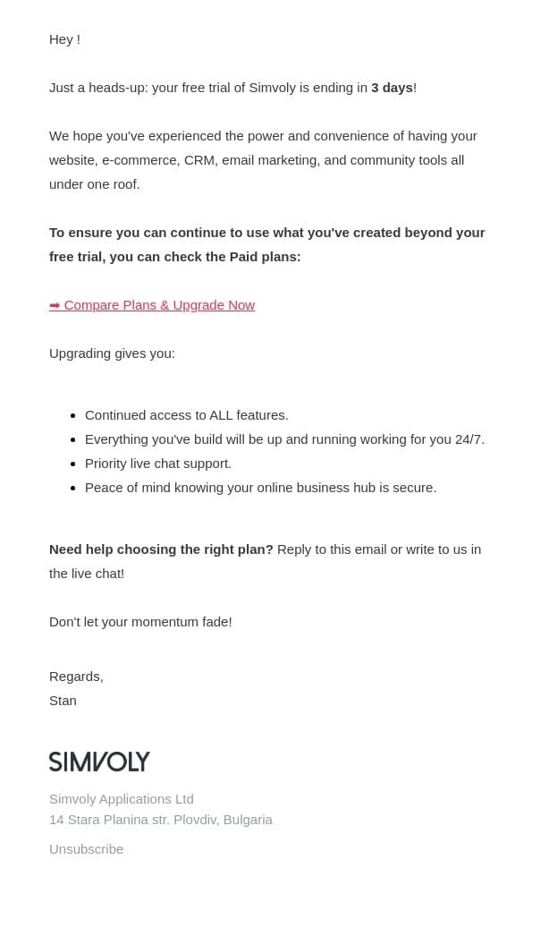 Your Simvoly Trial Ends Soon email from Simvoly screenshot