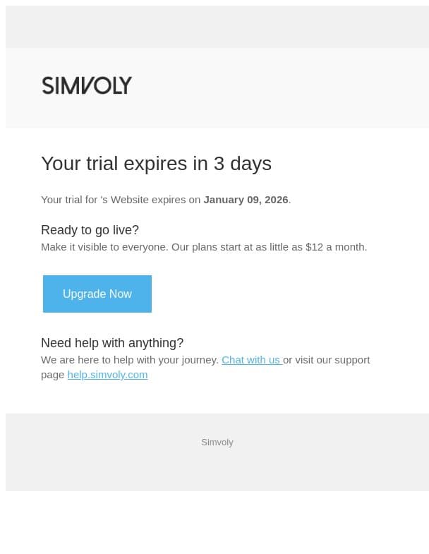 Website Reminder email from Simvoly screenshot