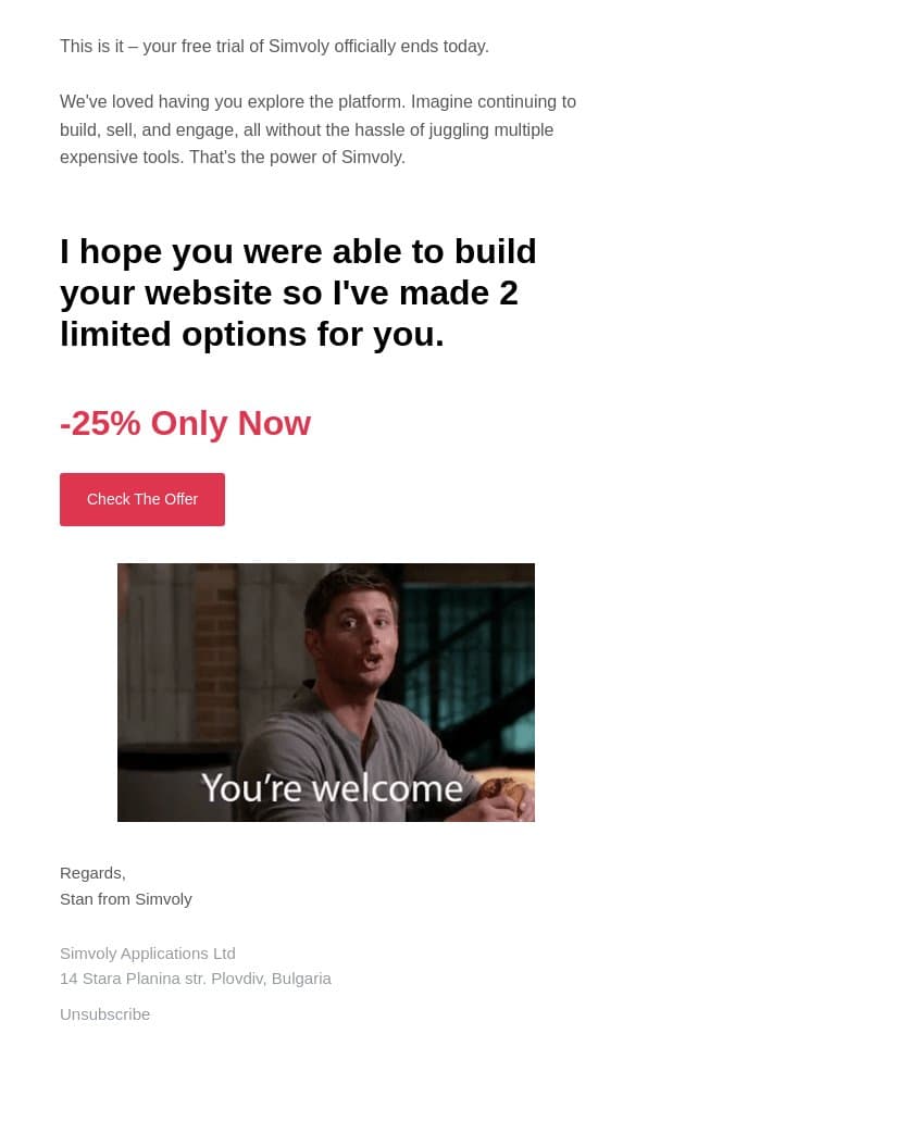 We have something for you, email from Simvoly screenshot