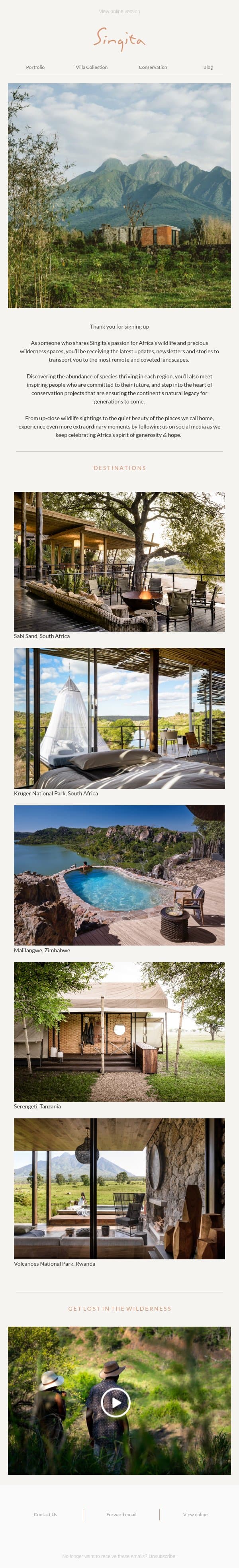 Thank you for signing up email from Singita screenshot