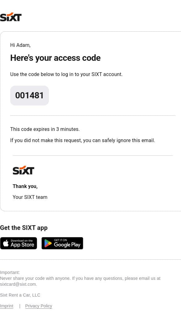 Your SIXT access code: 001481 email from Sixt screenshot