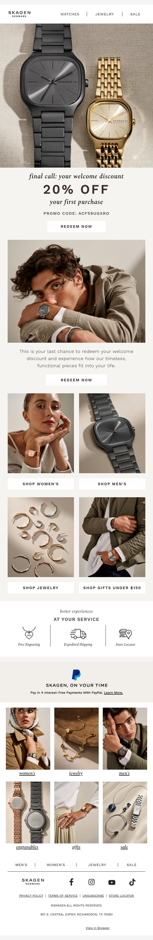last chance: 20% off your first purchase. email from Skagen screenshot