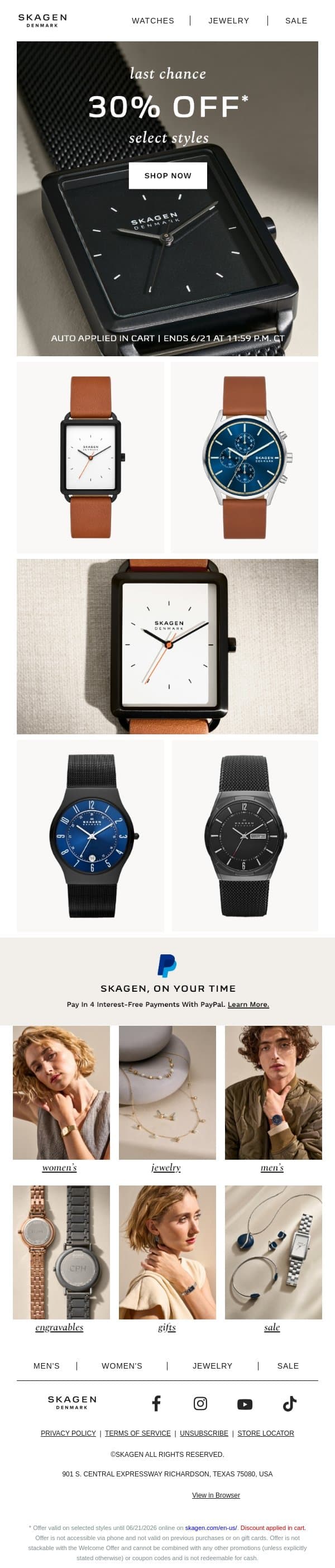 last chance for 30% off email from Skagen screenshot