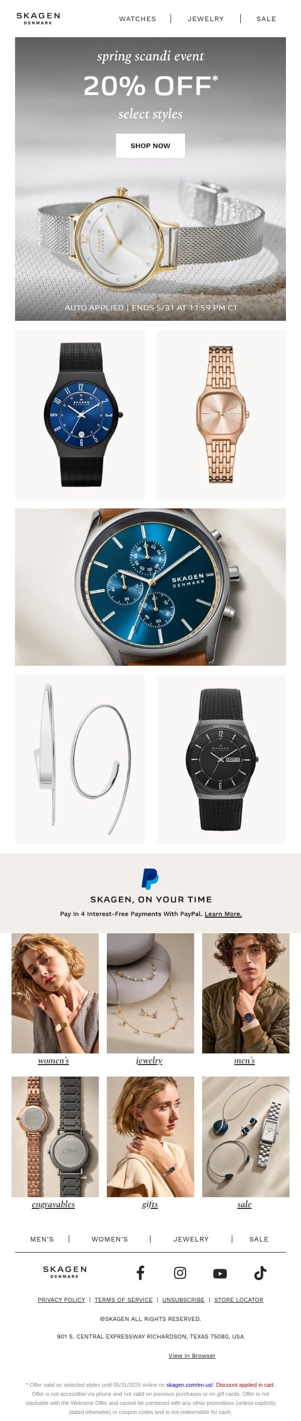 20% off select styles email from Skagen screenshot