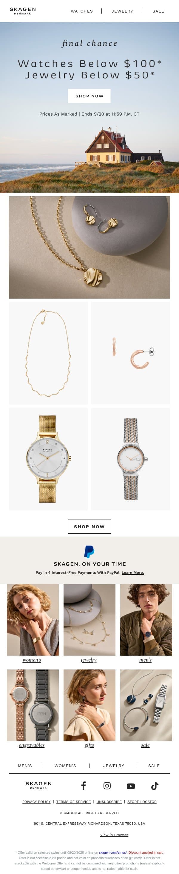final hours: grab new sale styles under $100. email from Skagen screenshot