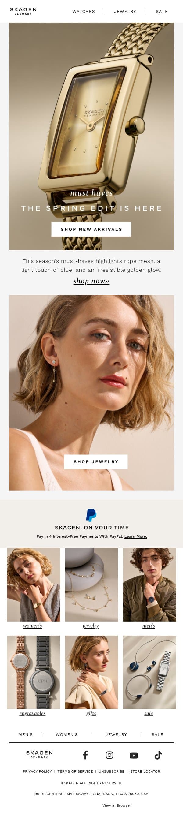 spring arrivals email from Skagen screenshot