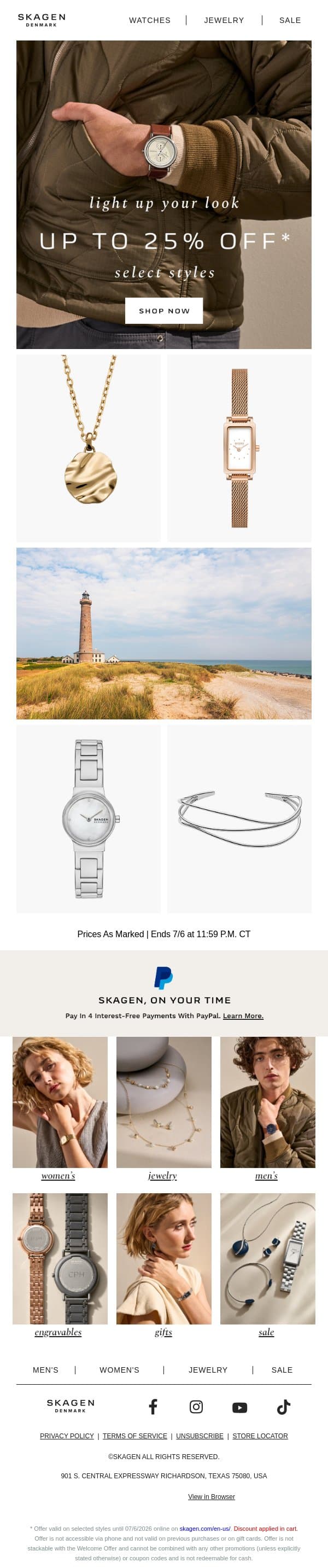 on now: up to 25% off select styles email from Skagen screenshot