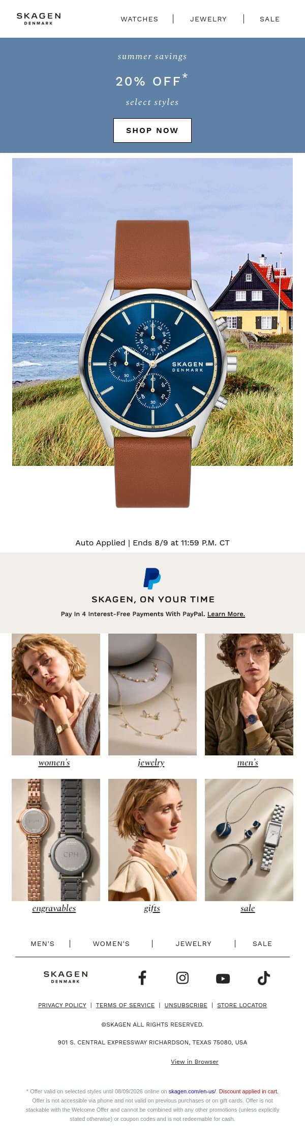 get 20% off select styles email from Skagen screenshot