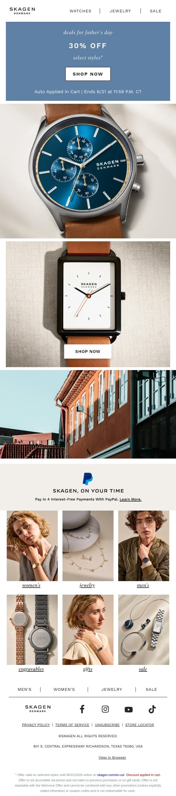 30% off select styles for him email from Skagen screenshot