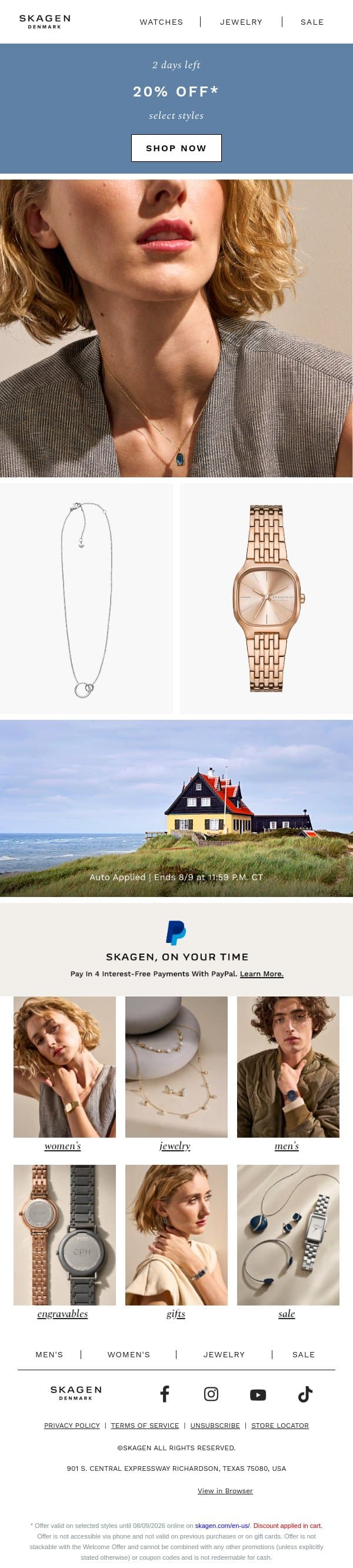 20% off select styles ending soon email from Skagen screenshot