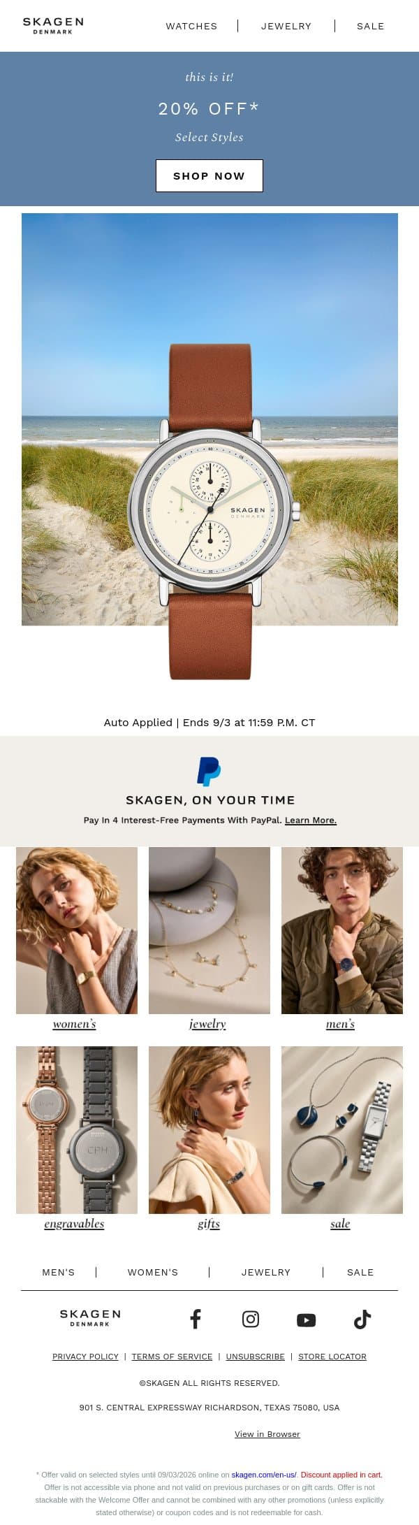 tick tock. 20% off ends today. email from Skagen screenshot