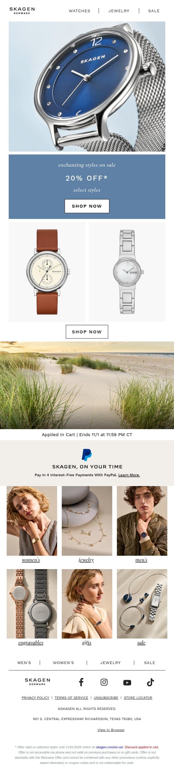 starting now: 20% off select styles email from Skagen screenshot