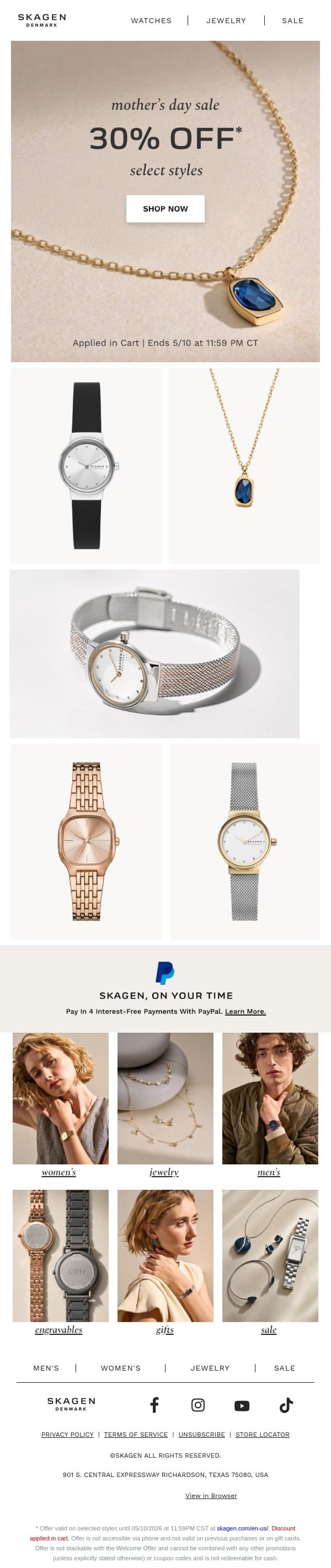 ends today: free 2-day shipping on mother's day. email from Skagen screenshot
