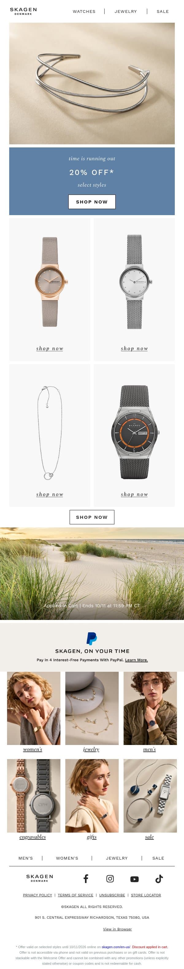 last chance for 20% off email from Skagen screenshot