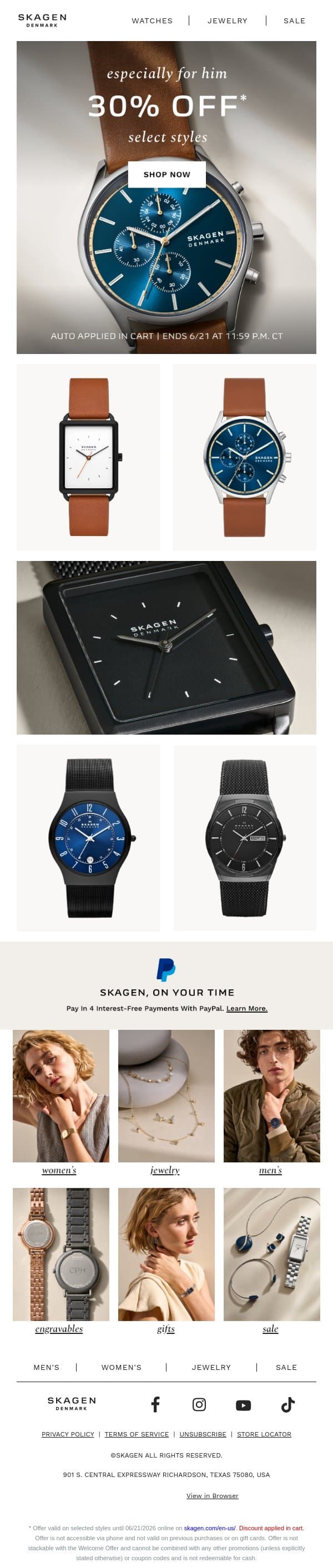 shop 30% off select styles email from Skagen screenshot