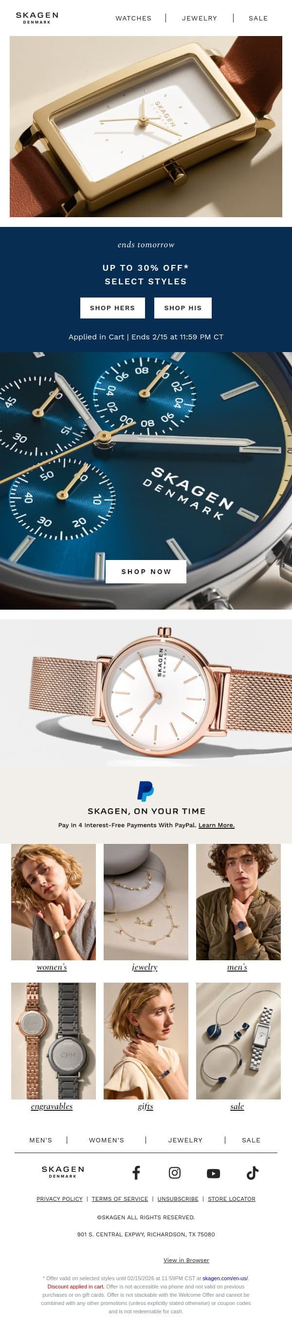 ends tomorrow: up to 30% off email from Skagen screenshot