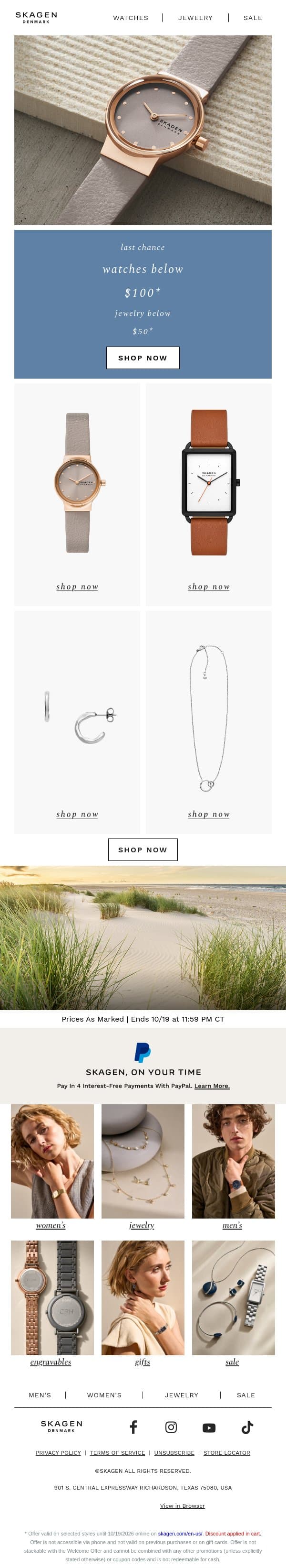last chance for styles below $100 email from Skagen screenshot