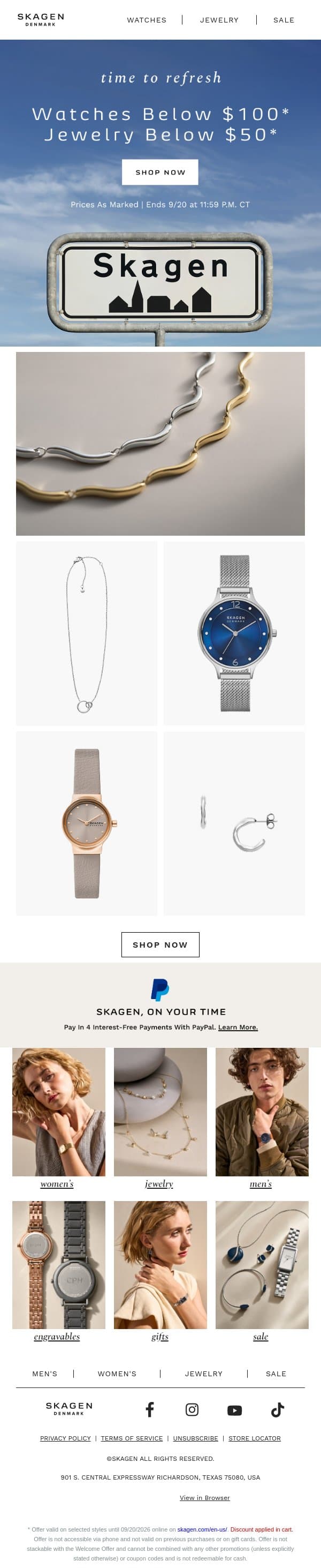 starts today: select finds under $100 email from Skagen screenshot