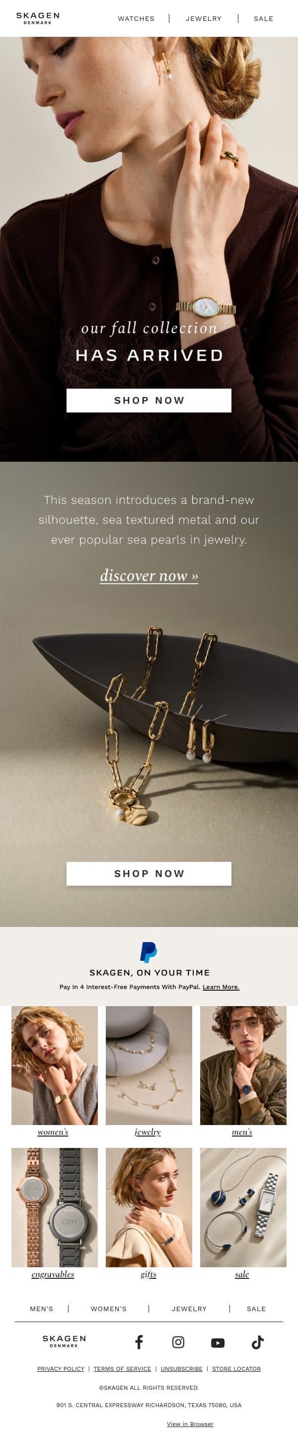 fall arrivals email from Skagen screenshot