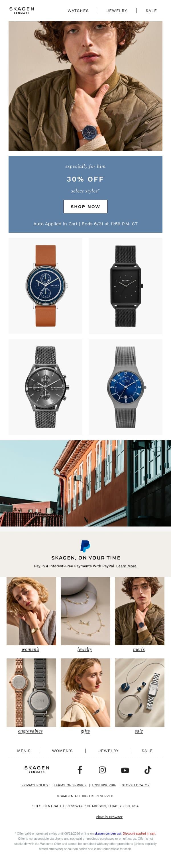 hurry to shop 30% off select styles email from Skagen screenshot