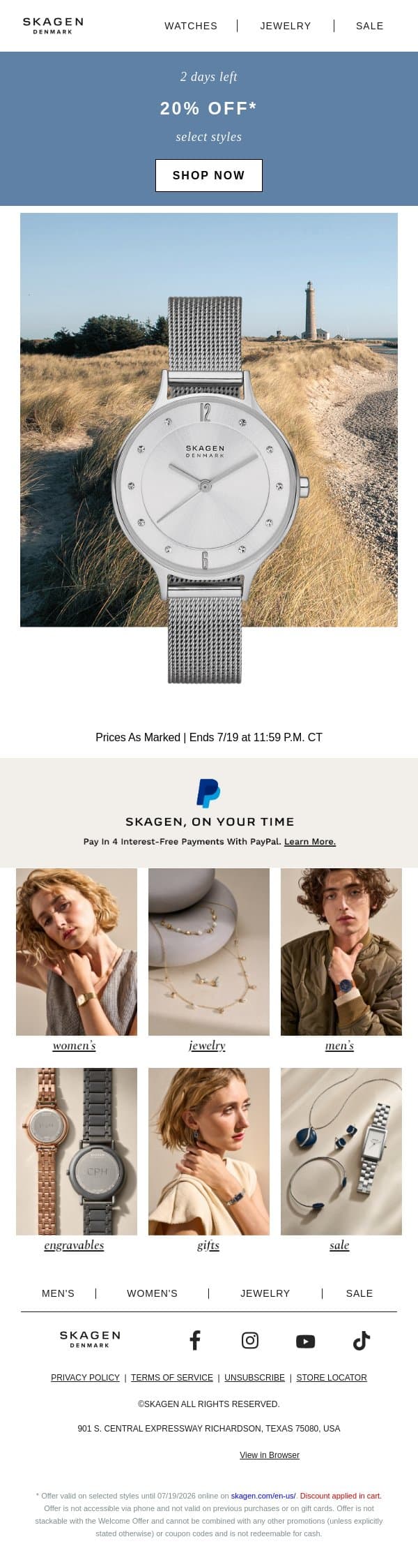 20% off is ending soon email from Skagen screenshot