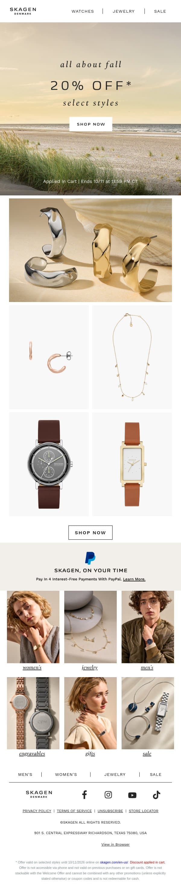 fall sale: 20% off email from Skagen screenshot