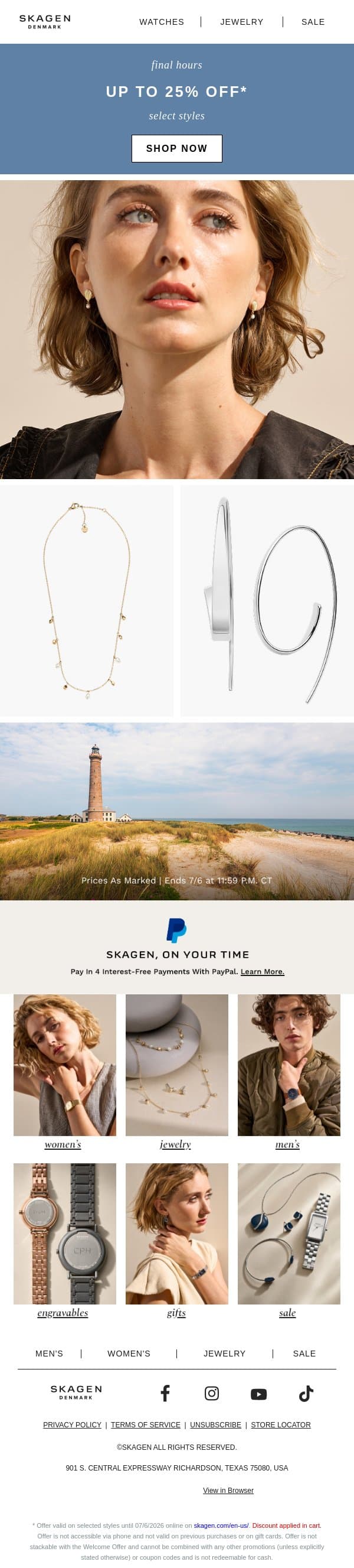 up to 25% off ends tonight email from Skagen screenshot