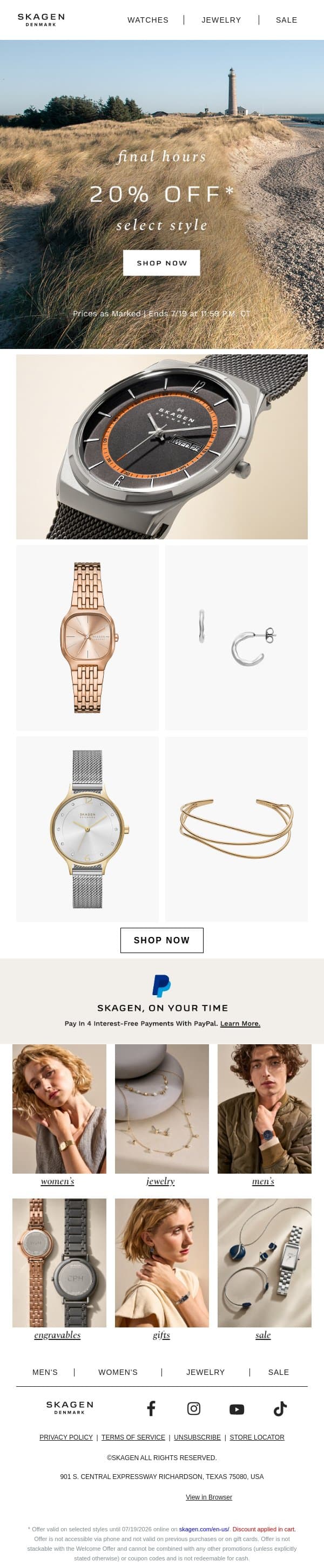 last call for 20% off email from Skagen screenshot