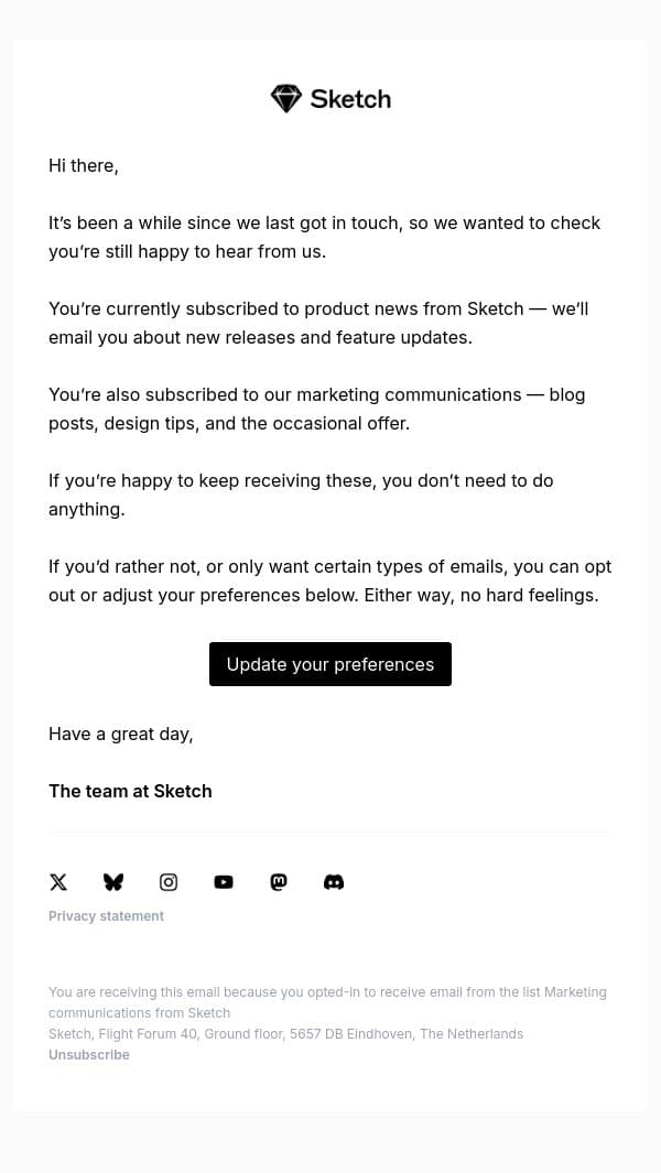 Still want to hear from us? email from Sketch screenshot