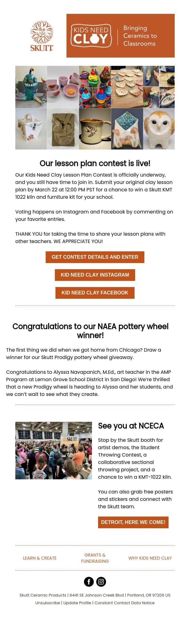 NAEA giveaway winner + lesson plan contest email from Skutt screenshot