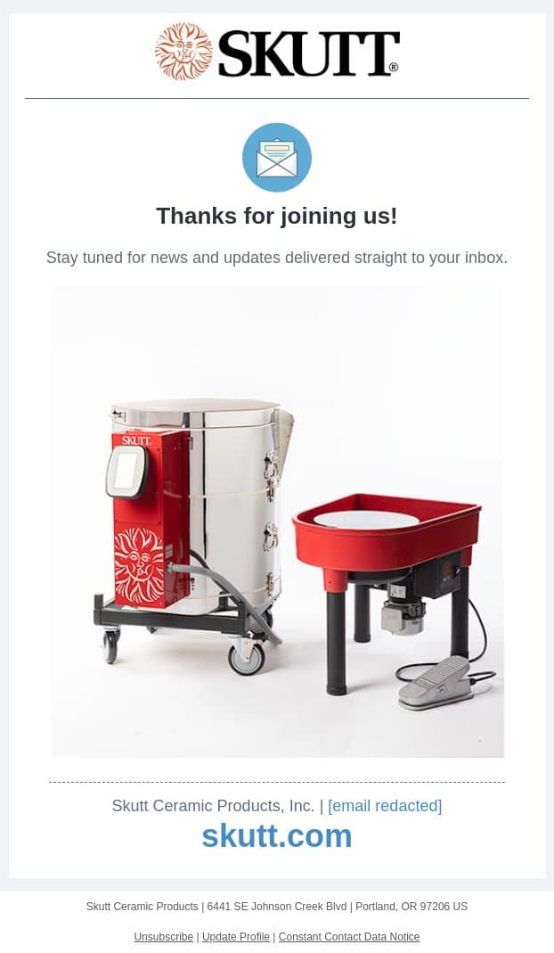 Welcome to Skutt Ceramic Products email from Skutt screenshot