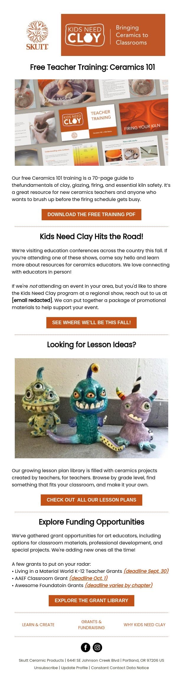 Teacher Training, Lesson Plans & Grants email from Skutt screenshot