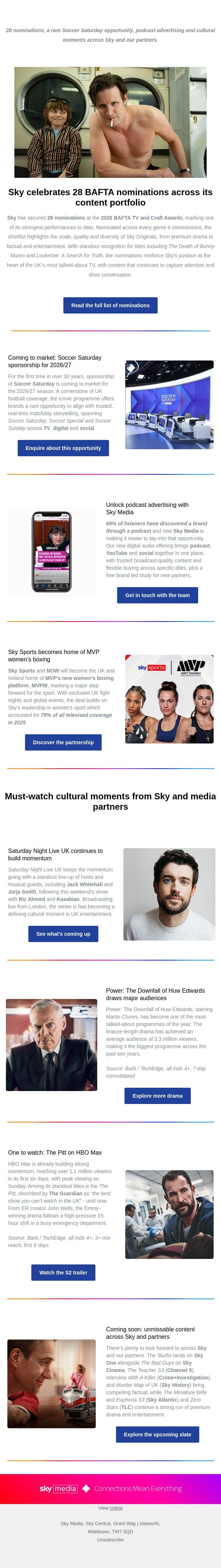 BAFTA nominations, Soccer Saturday, podcast advertising and must-watch content email from Sky UK screenshot