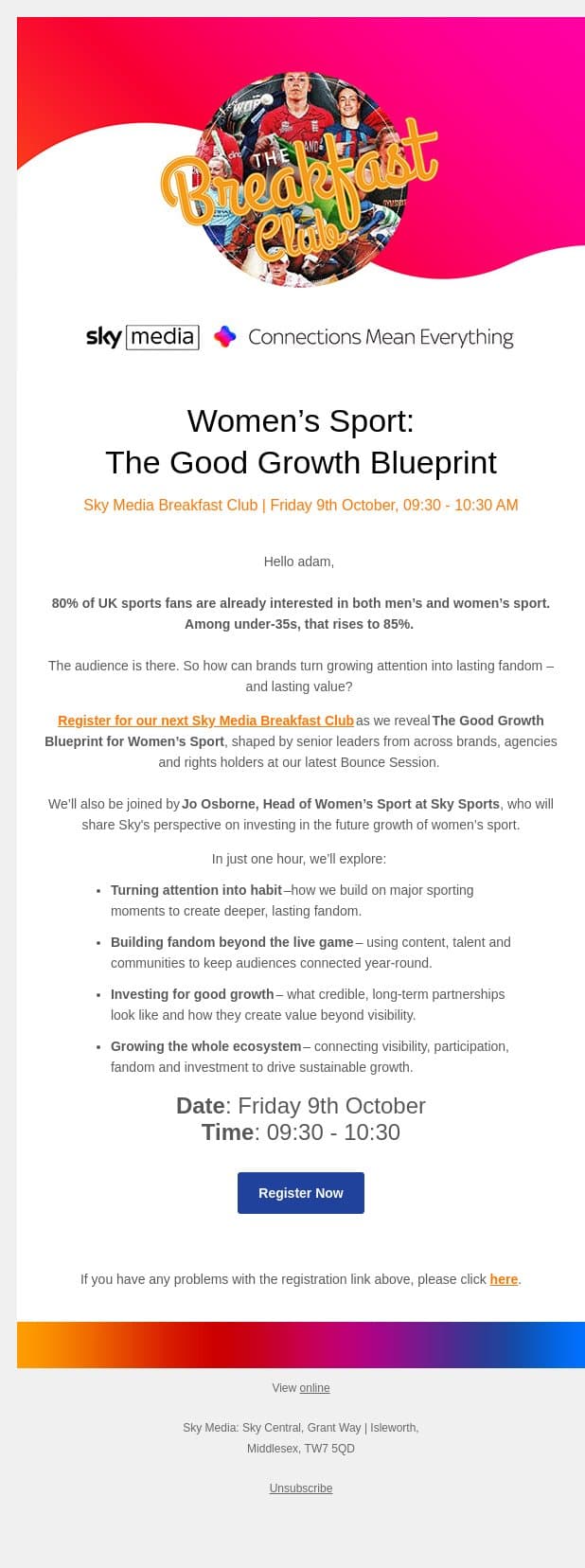 Just weeks to go until Women's Sport: The Good Growth Blueprint email from Sky UK screenshot