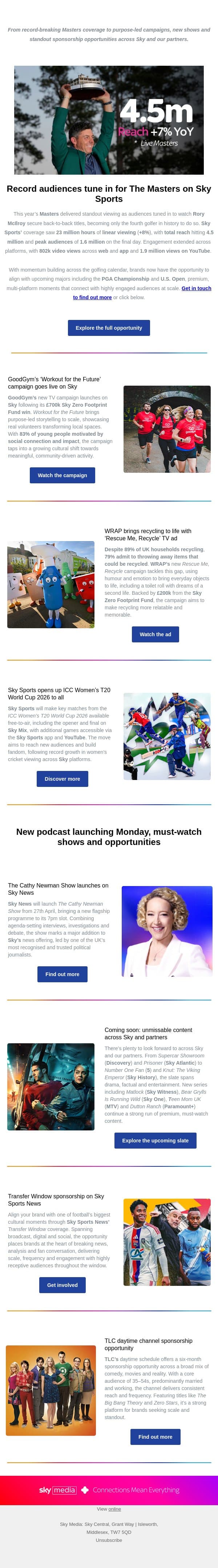 Record audiences, new campaigns and sponsorship opportunities email from Sky UK screenshot