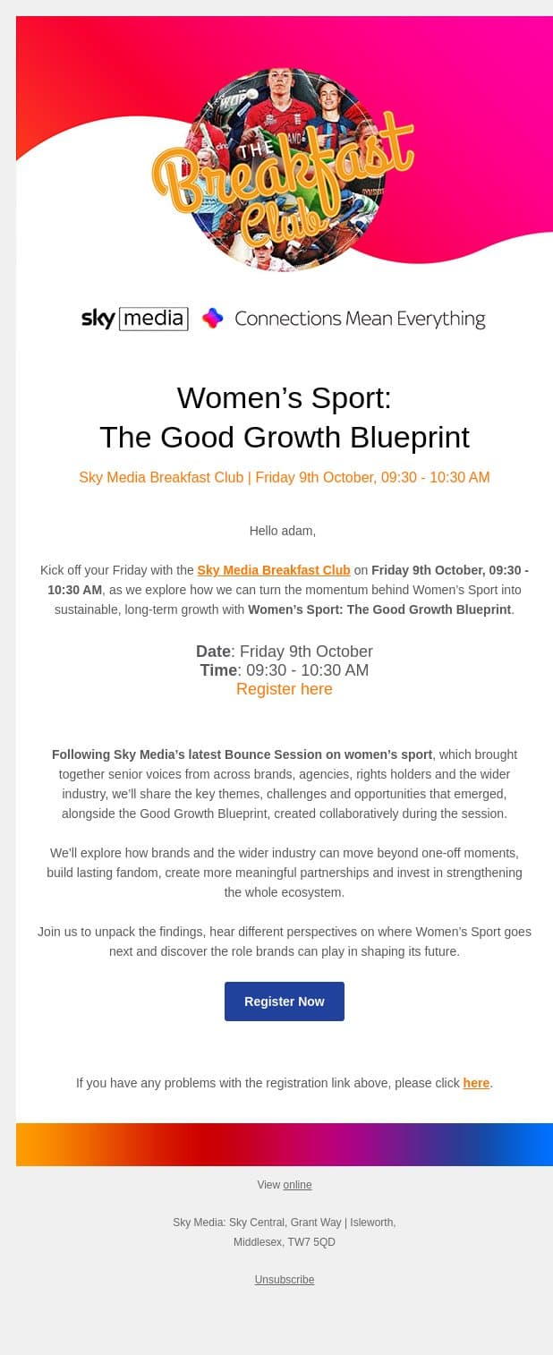 Women’s Sport: The Good Growth Blueprint - Register Now email from Sky UK screenshot