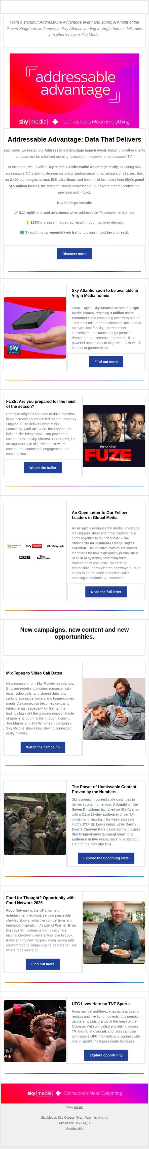 Addressable Advantage, new research from Sky Mobile, fresh opportunities and unmissable content! email from Sky UK screenshot