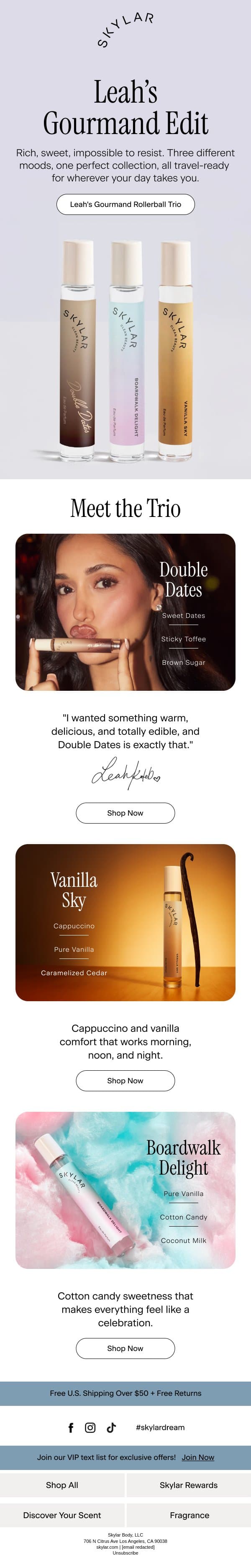 Leah's Gourmand Rollerball Trio ✨ email from Skylar screenshot