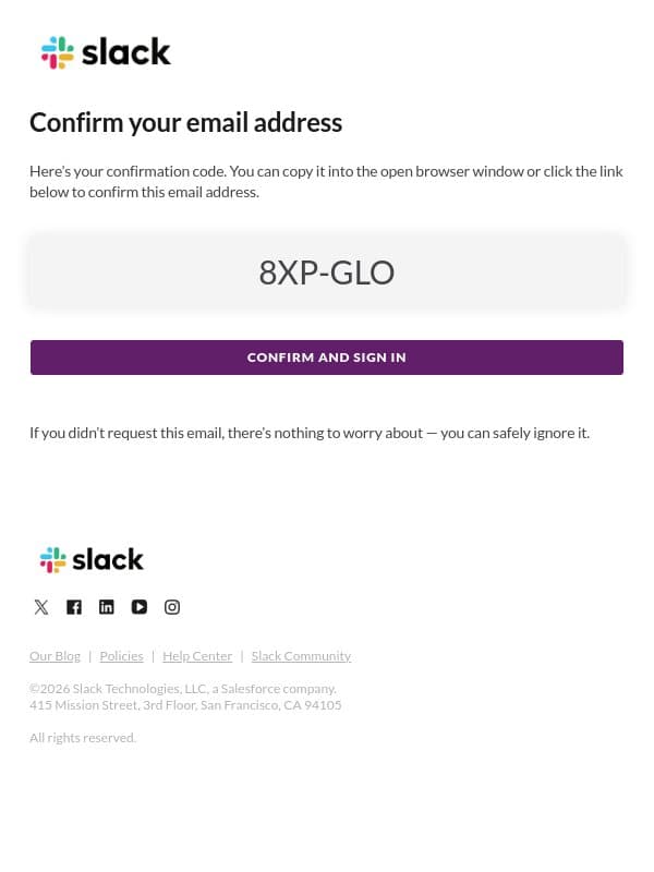 Slack confirmation code: 8XP-GLO email from Slack screenshot
