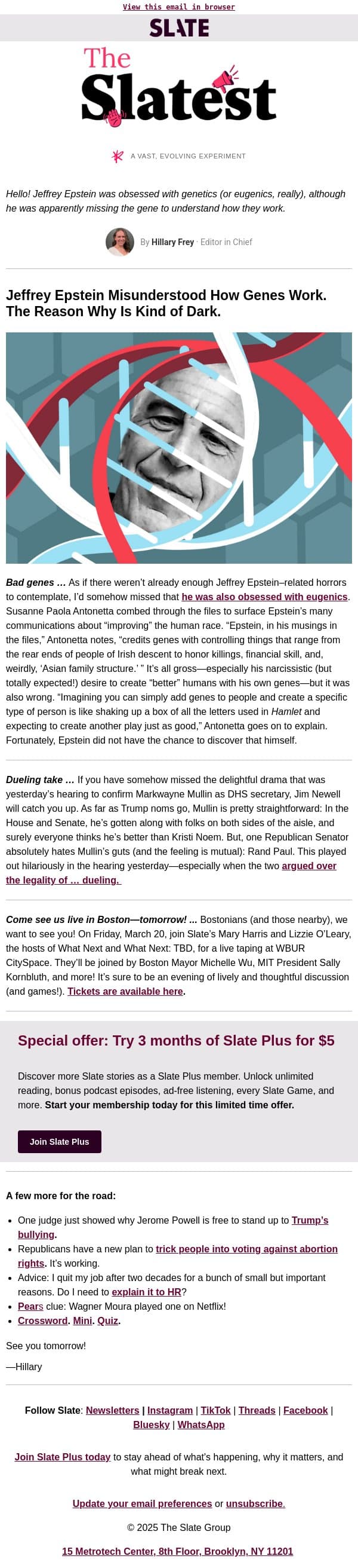 A hoot of a hearing email from Slate screenshot