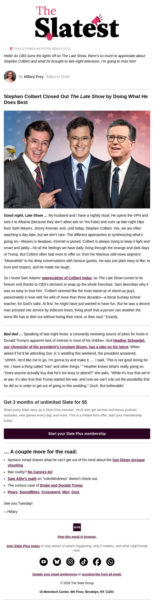 Goodbye to the most stand-up guy in comedy email from Slate screenshot