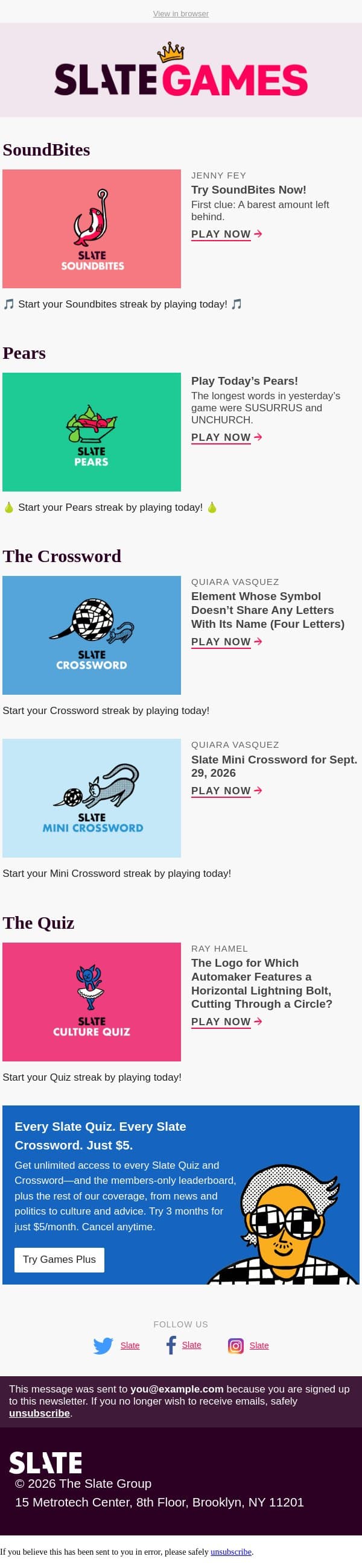 Element whose symbol doesn’t share any letters with its name (four letters) email from Slate screenshot